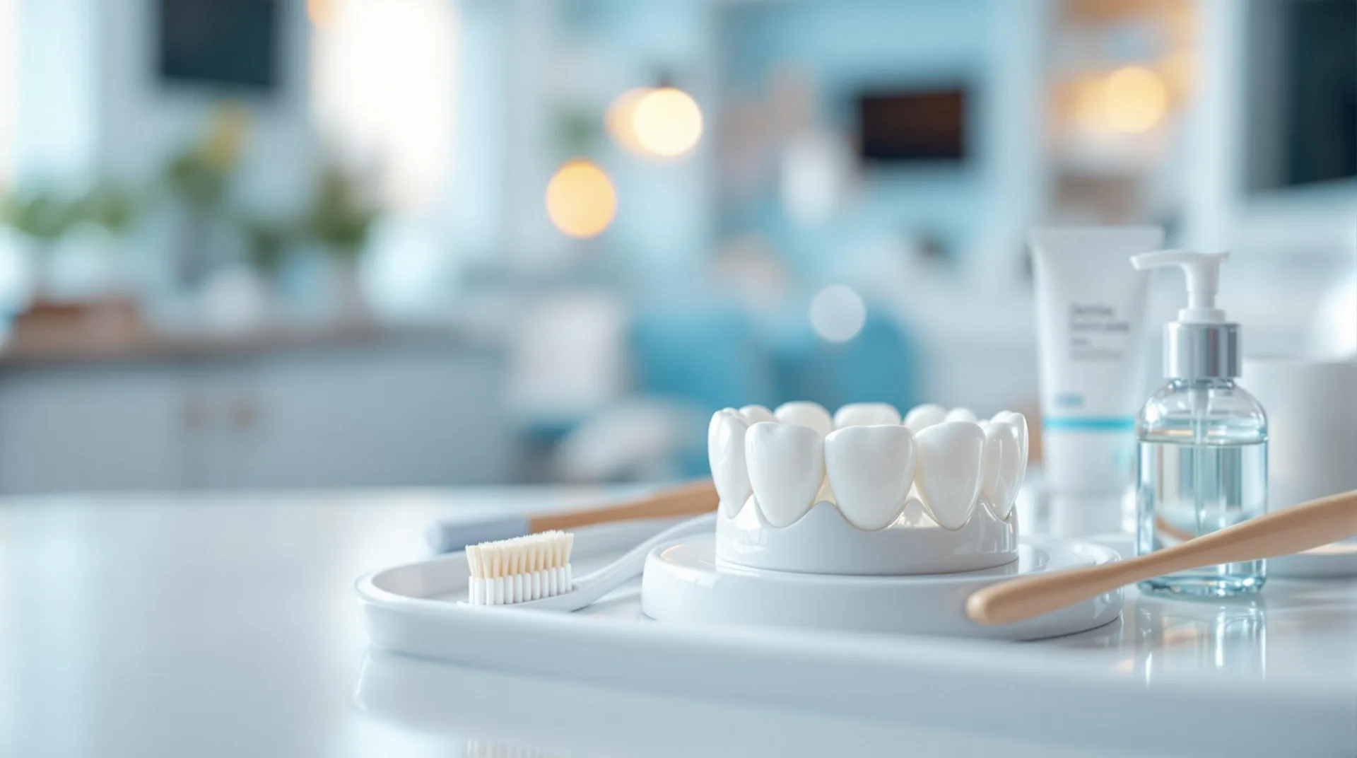 A model of a full set of teeth beside oral care products, representing denture options at Miller Dental Care in Orillia